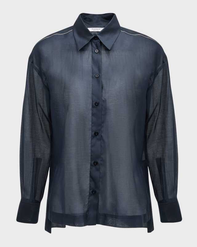 Sheer Bead-Trim Button-Down Shirt